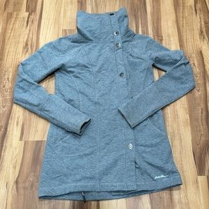 Eddie Bauer Mid-Length Jacket, Gray, Blue Striped, Mock Neck, Pockets, Size XS